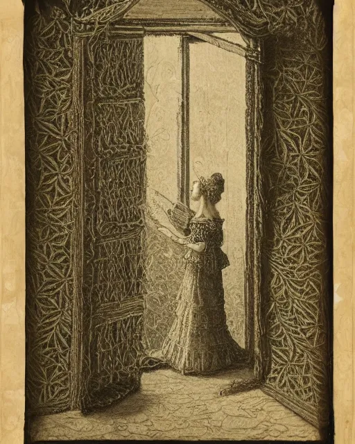 Prompt: a woman standing in a doorway, made of intricate decorative lace leaf, in the style of the dutch masters and gregory crewdson, dark and moody