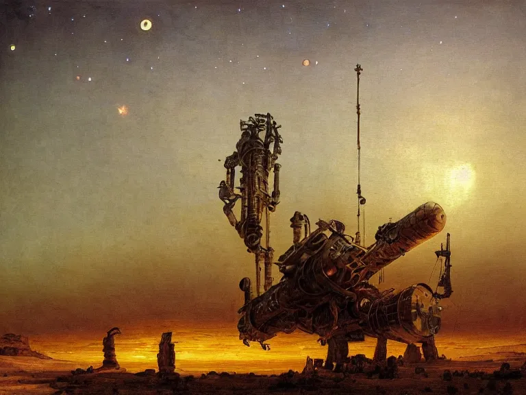 Image similar to an oil painting of an ancient dieselpunk spacecraft in the middle of an alien desert at dusk, aurora and stars light up the sky by beksinski carl spitzweg and tuomas korpi. baroque elements, full-length view. baroque element. intricate artwork by caravaggio. Trending on artstation. 8k