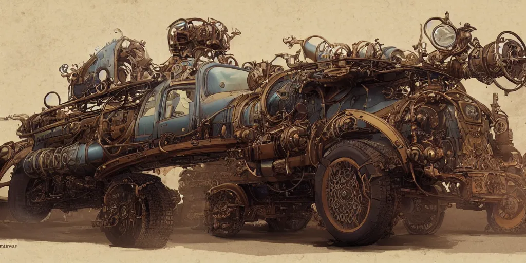 Image similar to steampunk vehicle design, character sheet, Moebius, Greg Rutkowski, Zabrocki, Karlkka, Jayison Devadas, Phuoc Quan, trending on Artstation, 8K, ultra wide angle, zenith view, pincushion lens effect