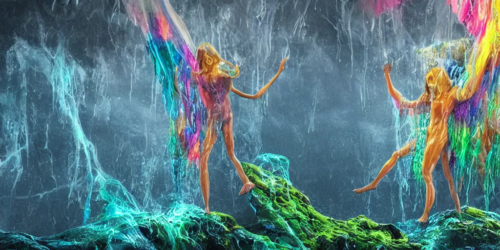 Prompt: Photorealistic picture of a levitating floating glossy wet fungus angel with arms outstretched, made from colorful wet fungus tendrils. a gentle rising mist, an epic rocky landscape. occult photorealism, UHD, amazing depth, glowing, golden ratio, 3D octane cycle unreal engine 5, volumetric lighting, cinematic lighting, cgstation artstation concept art