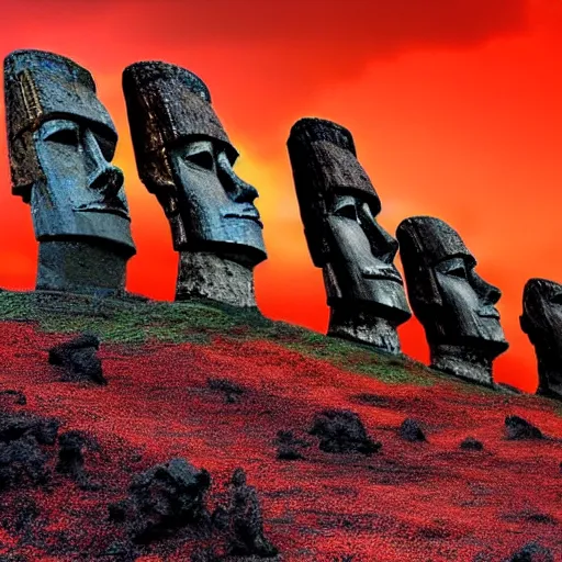 Prompt: a red sky and molten ground landscape, easter island heads are sinking in to the ground crumbling and seems to be fighting a storm or volcano, digital art