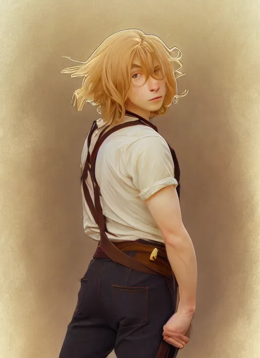 Image similar to pretty young man with shoulder length shiny shimmering golden blond hair, half body shot, path traced, highly detailed, high quality, digital painting, by studio ghibli and alphonse mucha, leesha hannigan, hidari, disney