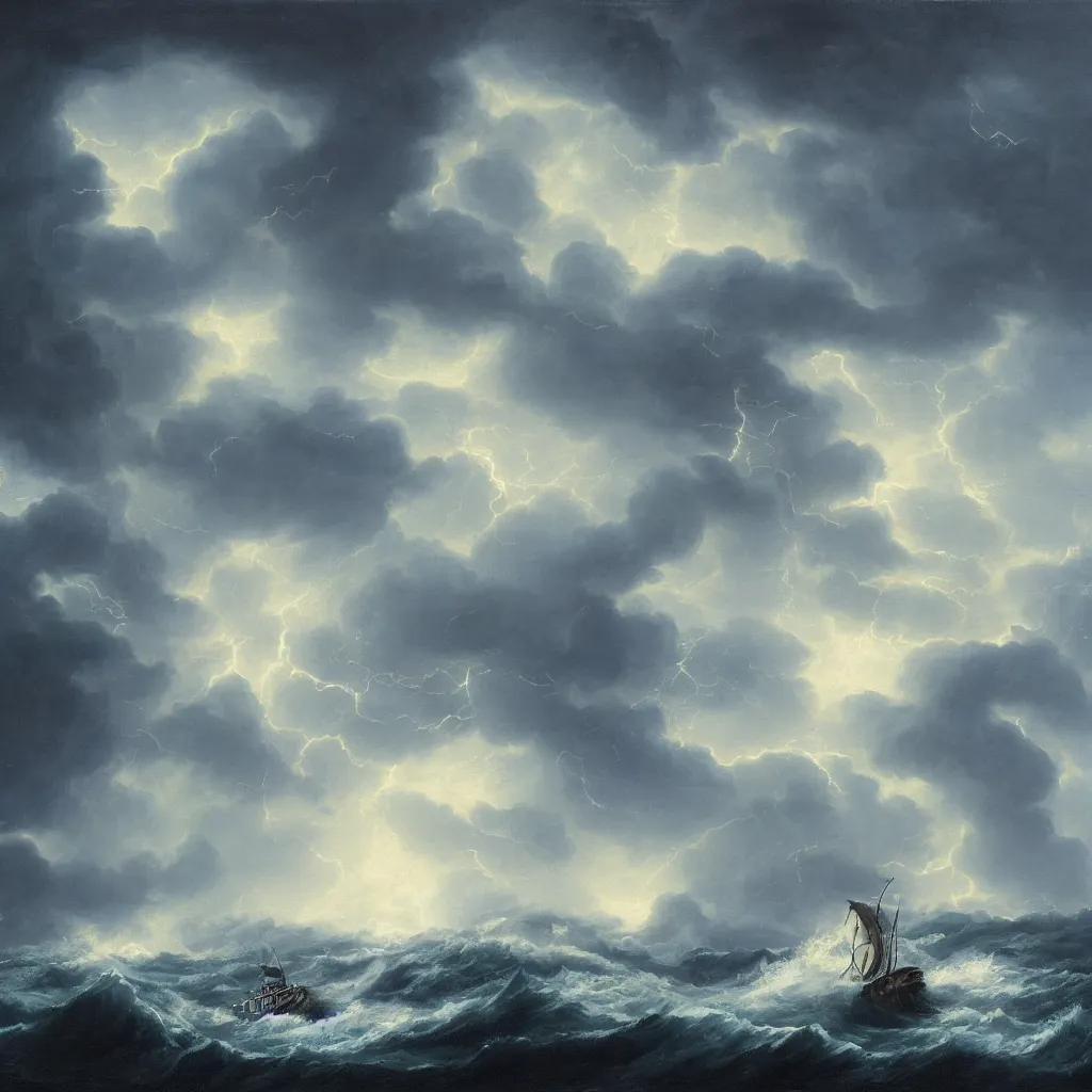 Image similar to a fantasy landscape. subject : kraken in a stormy sea, giant waves, lightning in the background, small boat, oil painting, 4 k