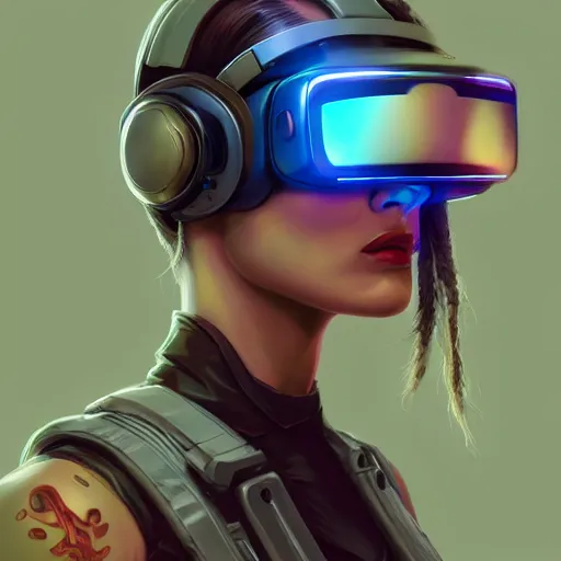 Prompt: portrait of a beautiful cybernetic tankgirl wearing an oculus rift headset, cyberpunk concept art by pete mohrbacher and artgerm and wlop and deathburger and syd mead, digital art, highly detailed, intricate, sci-fi, neon colors, sharp focus, Trending on Artstation HQ, deviantart, unreal engine 5, 4K UHD image