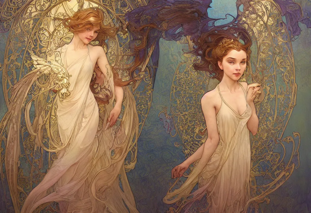 Image similar to an angel, highly detailed, very intricate, art nouveau, gold filigree, romantic storybook fantasy, soft cinematic lighting, award - winning, disney concept art watercolor illustration by mandy jurgens and alphonse mucha and alena aenami, pastel color palette, featured on artstation