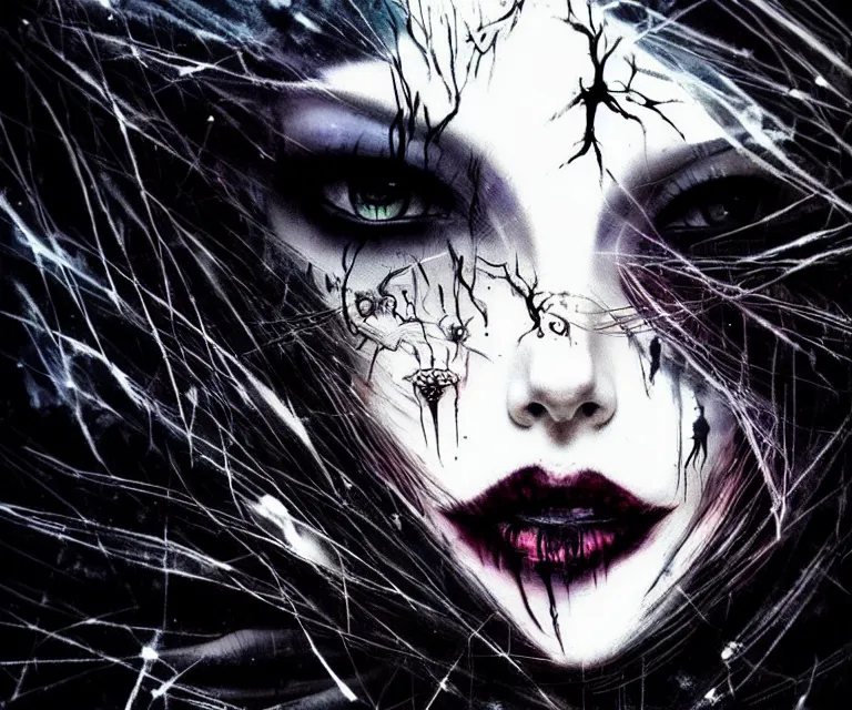 Image similar to stunning otherworldly gothic goddess of beauty, dark and mysterious, atmospheric, ominous, eerie, cinematic, epic, 8 k, 4 k, ultra detail, ultra realistic, rendered by awesomeness. nights falling wind is blowwing snow is pilling concept art in style of carne griffiths artwork by xsullo