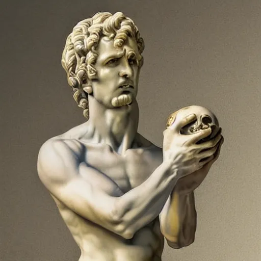 Image similar to greek or roman sculpture in marble of a philosopher holding a skull, in a museum background, hyperrealistic photograph in the style of bernini, golden hour