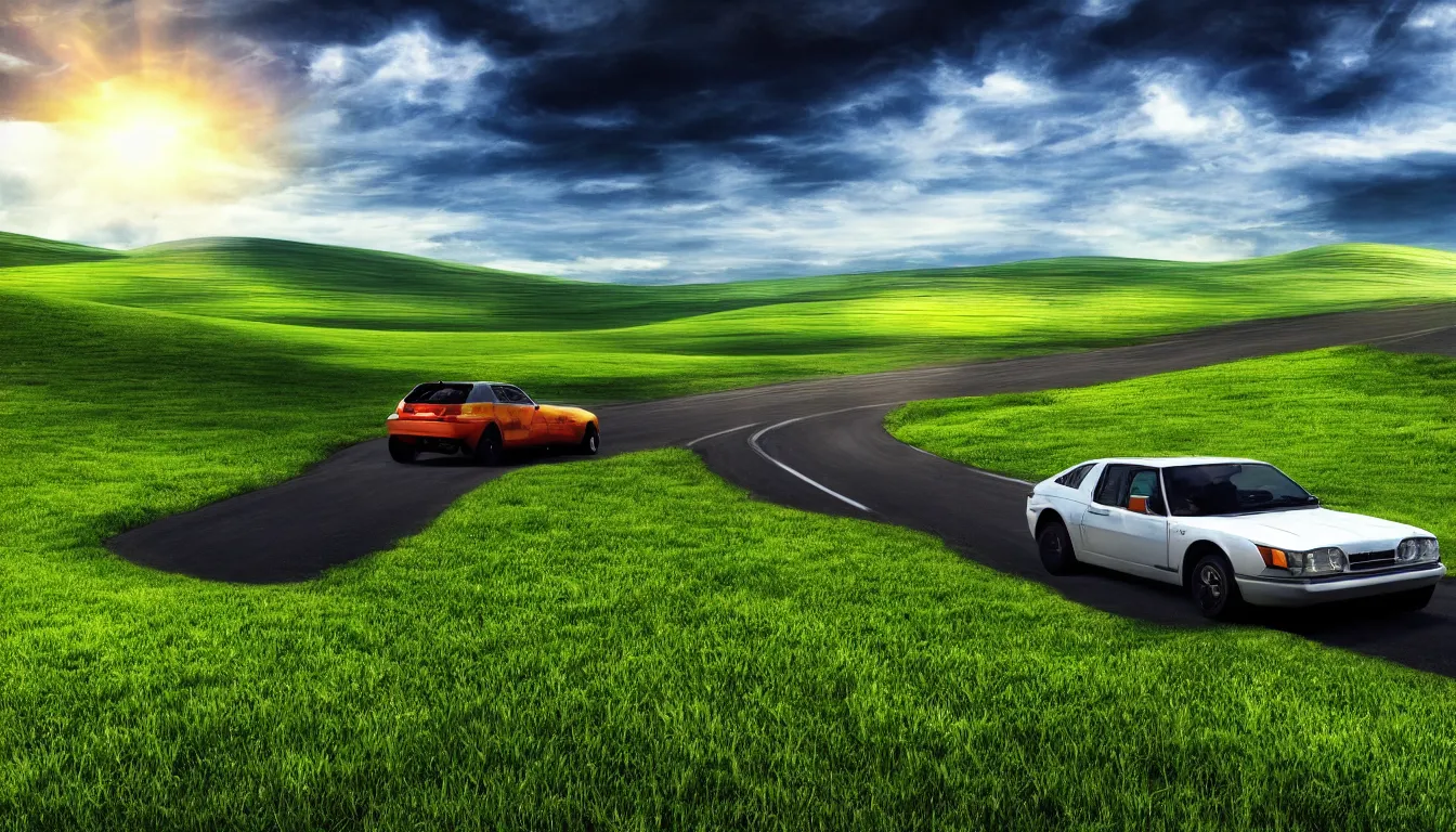 Image similar to Top Gear driving over the hill in the Windows XP desktop wallpaper, trending on artstation