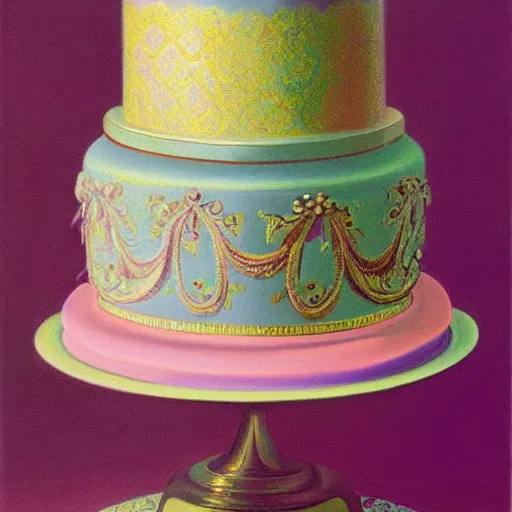 Prompt: painting of a beautiful pastel baroque cake by greg hildebrandt tim hildebrant brothers hildebrant