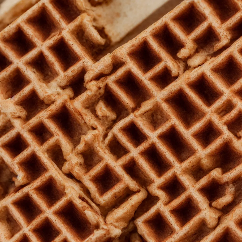 Image similar to close - up view of waffles on top of a wooden table, 8 k, high detail, photorealistic, proper shading