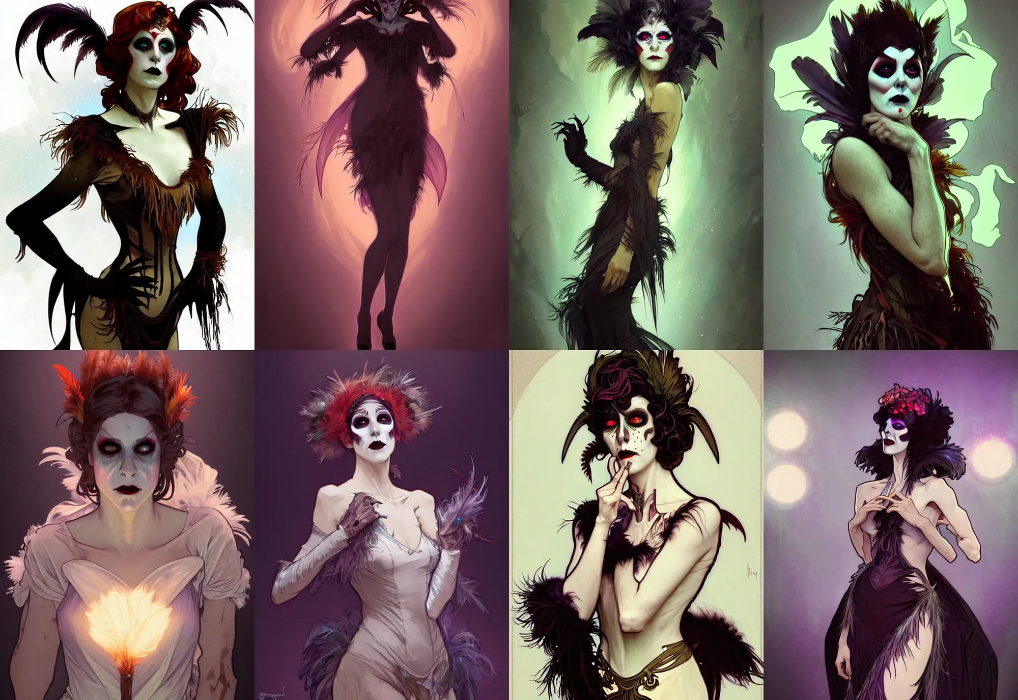 Prompt: digital concept art by artgerm and greg rutkowski and alphonse mucha. full body!! flapper undead vampire nosferatu drag queen burlesque, feather boa, smoke, bad wig, ruined makeup. light effect. hyper detailed, character concept, glowing lights!! intricate, elegant, digital painting, artstation, smooth, sharp focus