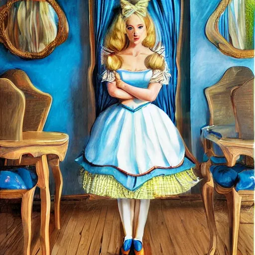 Image similar to alice in the wonderland, table, chairs, wood floor, blue dress, blonde by cheval michael