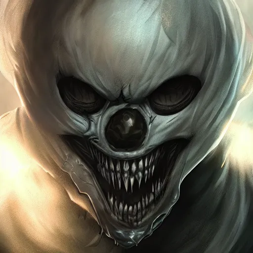 Image similar to photorealistic dark fantasy concept art of nightmare sans with his eye glowing, dynamic lighting, stunning visuals, ray tracing, beautiful scenery, cinematic, full body portrait, ultra detailed, hyper detail, stunning detail