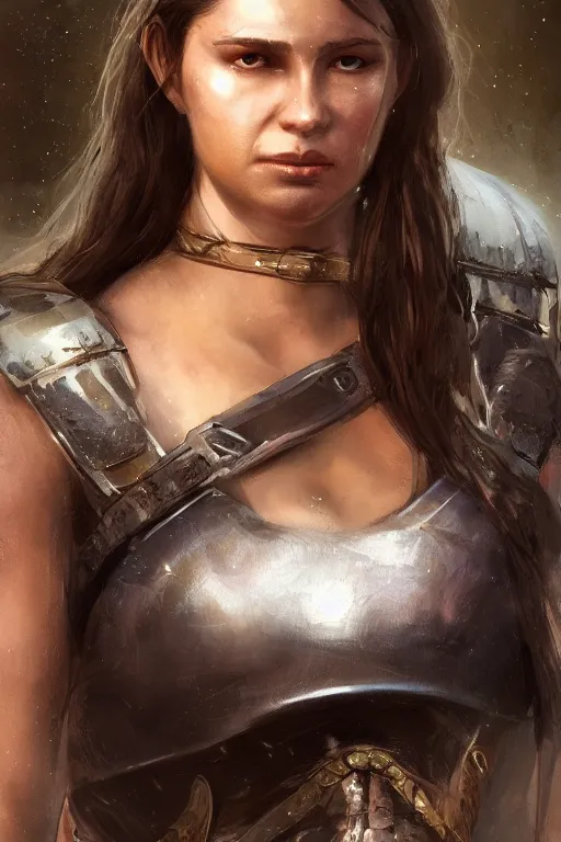 Image similar to portrait of a beautiful chonky young female warrior in the middle of a fight as drawn by eric anthony johnson ericanthonyj artstation artgerm greg rutkowski and magali villeneuve 8 k subsurface scattering, soft light