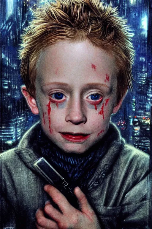 Image similar to realistic portrait beautiful concept art of home alone 2 movie scene when little macaulay culkin turns into cyborg. horror, created by gustave dore and greg rutkowski, high detailed, smooth draw, synthwave neon retro, intricate, trending on artstation.