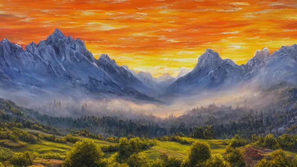Image similar to The most beautiful panoramic landscape, oil painting, where the mountains are towering over the valley below their peaks shrouded in mist, the sun is just peeking over the horizon producing an awesome flare and the sky is ablaze with warm colors and stratus clouds. A giant dreamy waterfall separates the valley and the trees are starting to bloom in a great variety of colors, by Greg Rutkowski, aerial view