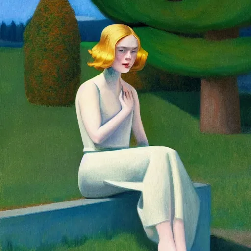 Image similar to Elle Fanning, head and shoulders masterpiece, in Kotor, golden hour, in a garden, artstation, in the style of Art Deco and Edward Hopper and Bosch, extremely detailed