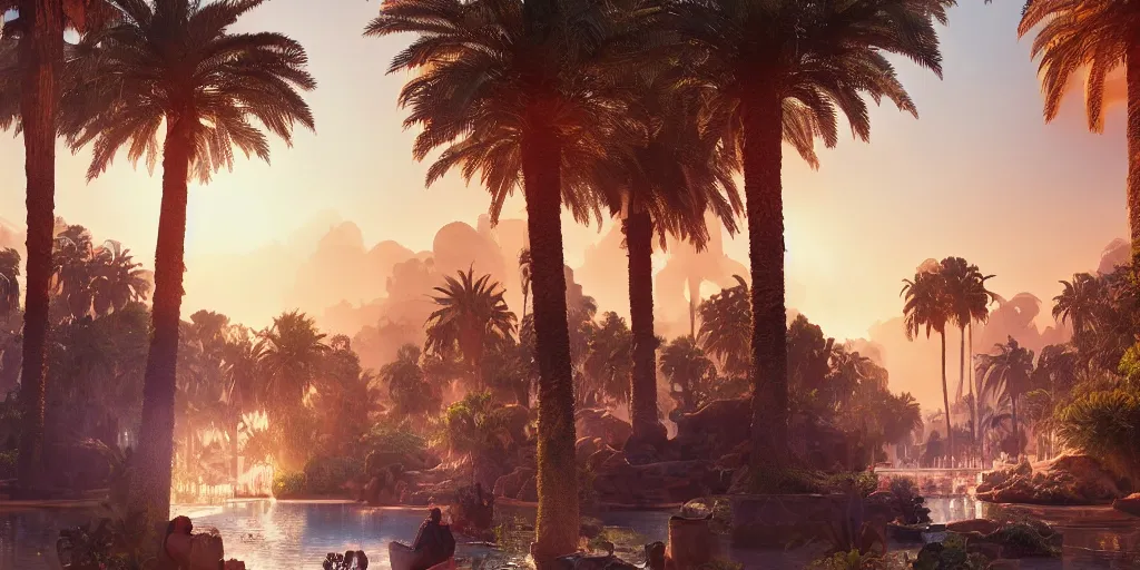 Image similar to beautiful oasis waterfalls surrounded by palm trees moroccan tile archways, date trees, ivory towers sunset peter morbacher ross tran angelarium greg rutkowski alchemy luxury heavenly light soft illumination, trending on artstation cinematic lighting digital painting octane render, artgerm