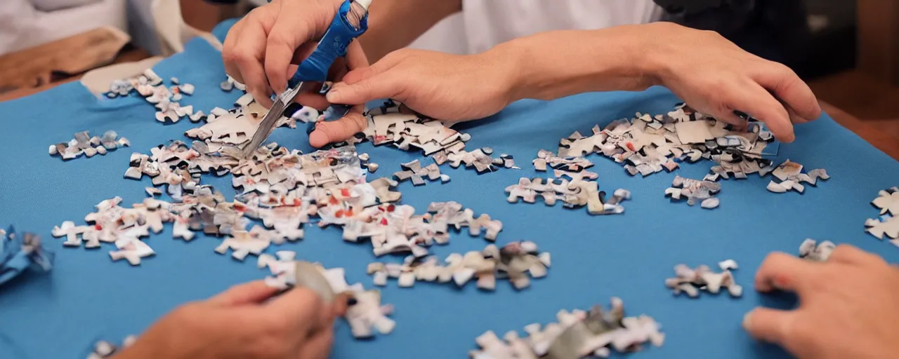 Image similar to a surgeon with realistic hands using a scalpel on a jigsaw puzzle on a table