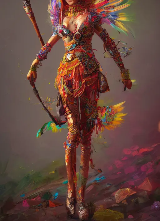 Prompt: detailed full body concept art illustration colorful oil painting of a hunter goddess in full intricate colorful clothing, ultra detailed, digital art, octane render, 4k