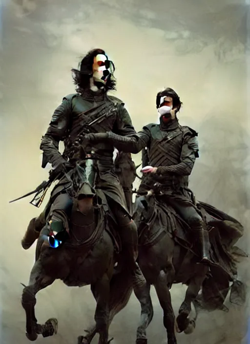 Image similar to painting of john oliver and adam driver together, riding horse, stoic, full body, military uniform, fantasy, intricate, elegant, beautiful, highly detailed, charcoal, centered, dark, smokey, digital painting, artstation, concept art, smooth, sharp focus, illustration, art by artgerm, art by greg rutkowski, art by alphonse mucha