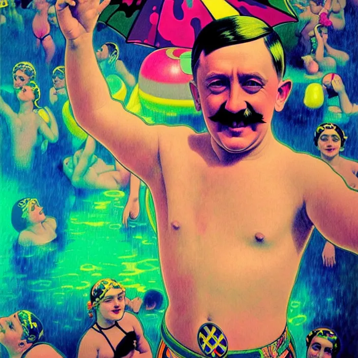 Prompt: bright psychedelic portrait of cute adolf hitler having fun at a pool party, diffuse lighting, fantasy, intricate, elegant, highly detailed, lifelike, photorealistic, digital painting, artstation, illustration, concept art, smooth, sharp focus, art by John Collier and Albert Aublet and Krenz Cushart and Artem Demura and Alphonse Mucha