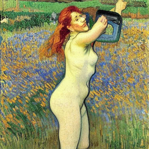 Image similar to A body art. A rip in spacetime. Did this device in her hand open a portal to another dimension or reality?! by Jules Bastien-Lepage, by Vincent Van Gogh curvaceous