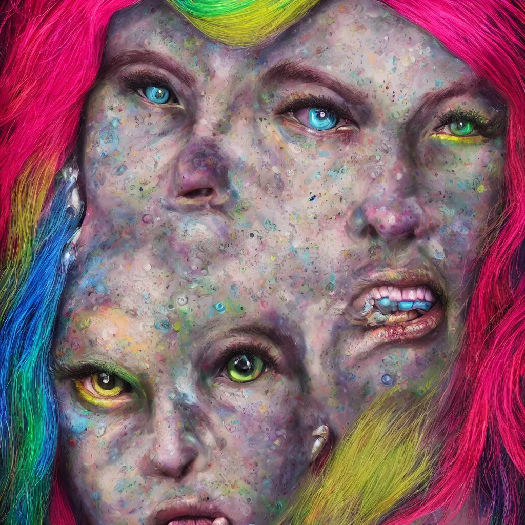 Prompt: a highly detailed hyperrealistic painting of an ogre girl with many colored hair, multiple eyes, and scales on her face