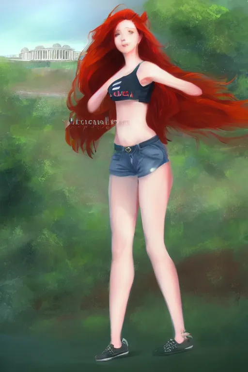 Image similar to beautiful cute red haired joyful and playful nineteen year old maiden standing up in casual green clothing with a modern city in the background, long hair, cute pose, athletic body, rpg character, sci - fi, fantasy, intricate, elegant, digital painting, artstation, concept art, smooth, 8 k frostbite 3 engine, ultra detailed