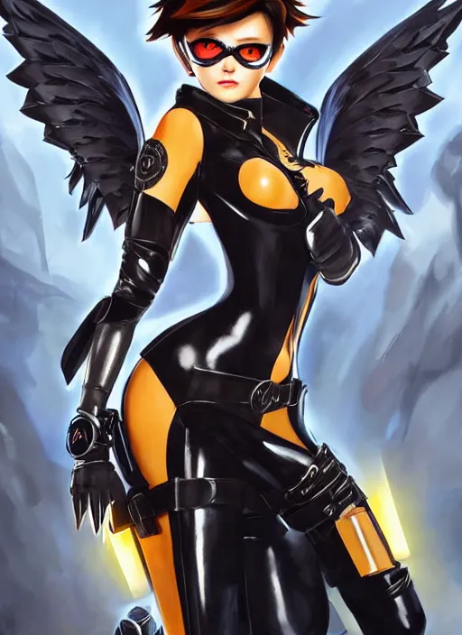 Image similar to full body artwork of tracer overwatch, wearing black latex outfit, in style of mark arian, angel wings, dramatic painting, wearing detailed leather collar, black shiny armor, chains, black harness, detailed face and eyes,