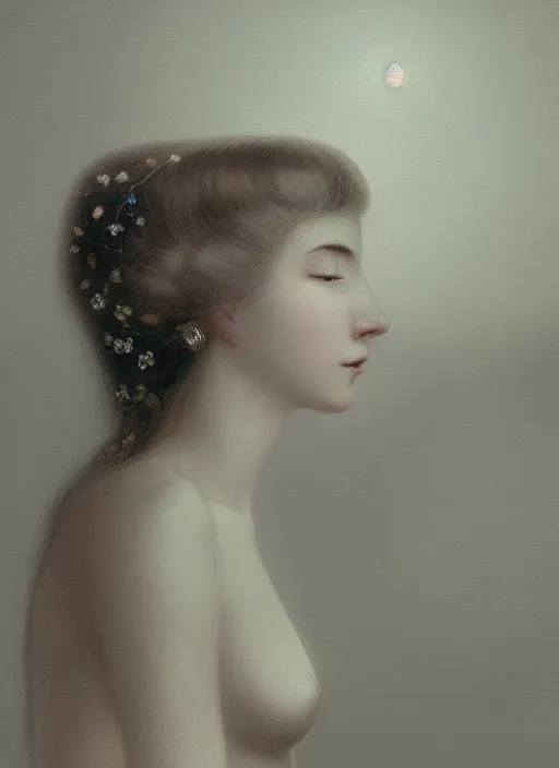 Image similar to beatifull pale wan woman, feminine goddes, side view, lit only by the moonlight, silver hair!!, style of fernand khnopff and lucien levy - dhurmer, 4 k resolution, aesthetic!,