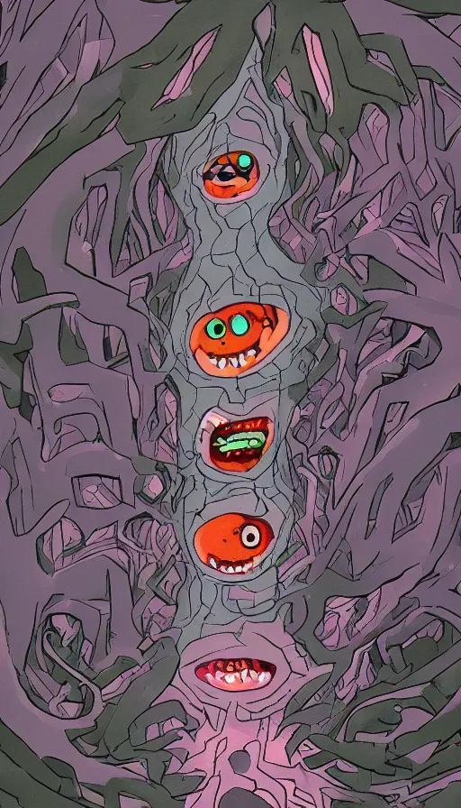 Image similar to a storm vortex made of many demonic eyes and teeth over a forest, by rebecca sugar