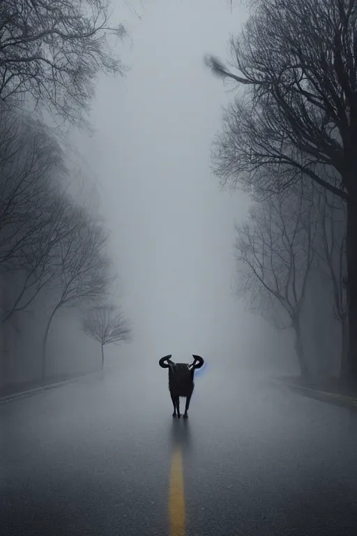 Image similar to the most evil looking goat ever seen and a clown in the street, rainy day, foggy, by gregory crewdson