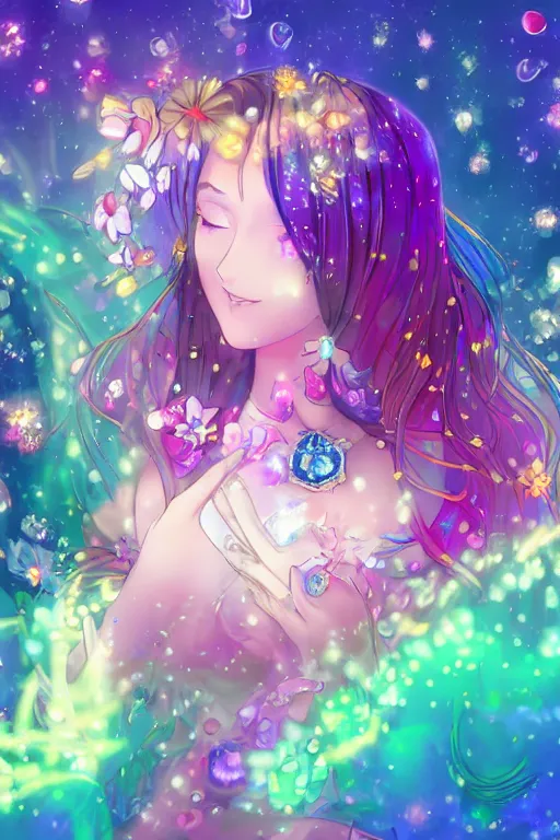 Image similar to psychedelic, whimsical, anime, 4k, beautiful intimate woman blowing smoke, with professional makeup, long trippy hair, a crystal and flower dress, sitting in a reflective pool, surrounded by gems, underneath the stars, rainbow fireflies, trending on patreon, deviantart, twitter, artstation, volumetric lighting, heavy contrast, art style of Ross Tran and Viktoria Gavrilenko and Ilya Kuvshinov