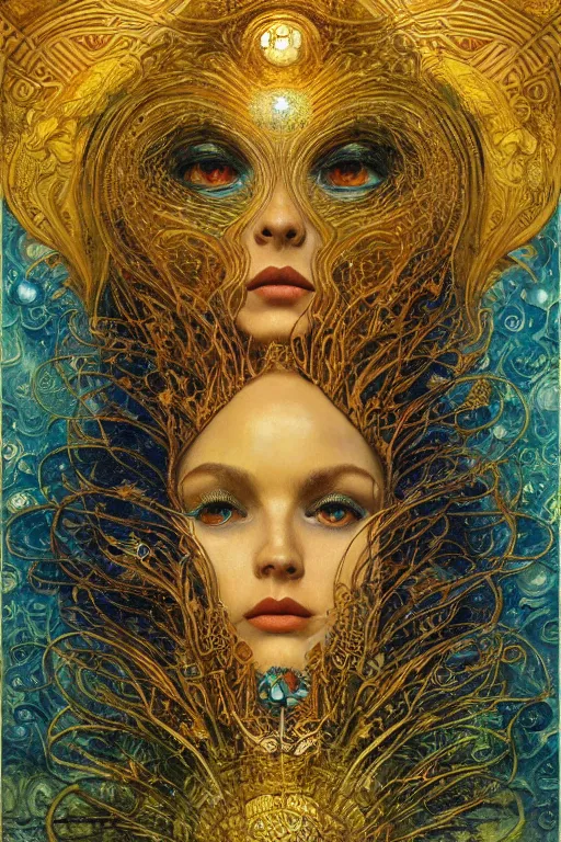 Prompt: Visions of Paradise by Karol Bak, Jean Deville, Gustav Klimt, and Vincent Van Gogh, visionary, otherworldly, fractal structures, ornate gilded medieval icon, third eye, spirals