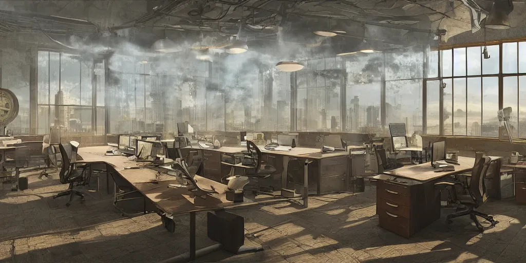 Image similar to an steampunk office with multiple desks, windows of a volcano in the background hyper - realistic digital art