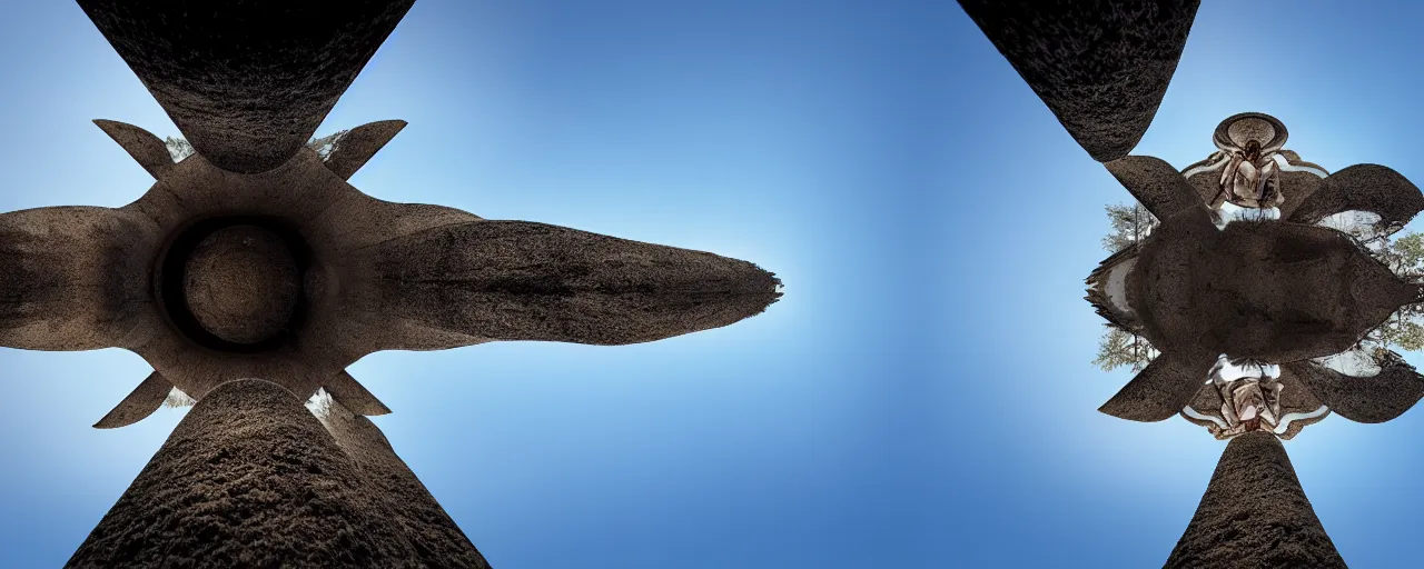 Image similar to ultra wide shot of a porcelain giant from the perspective of the ground in the style of reza afshar