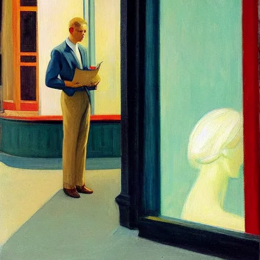 Image similar to a detailed painting, blonde man at a store, edward hopper,