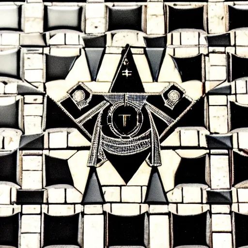 Image similar to looking within the dimly lit masonic temple, punisher symbol in the form of a masonic tile floor mosaic in the form of punisher symbol in spotlight