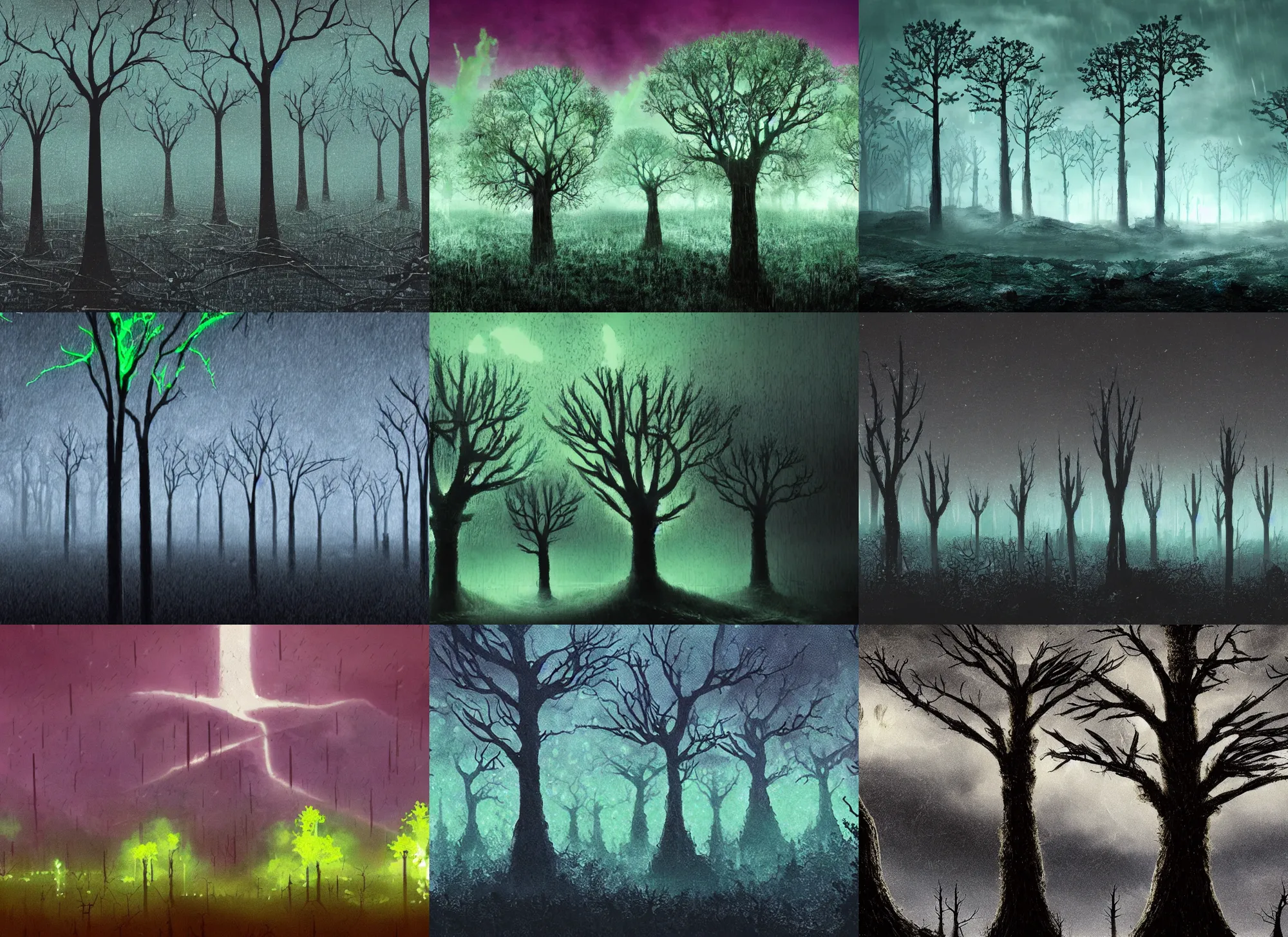 Prompt: a dystopian landscape with radioactive trees, dark glowing rain, a smal sobbing person!
