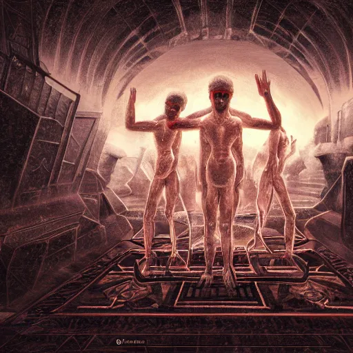 Image similar to future disciples of Pythagoras, in perfect frozen symmetrical world, sinner cataclysm, dynamic lighting, deus ex machina, primeval duality, cinematic, establishing shot, extremely high detail, photo realistic, cinematic lighting, oil painting, intricate line drawings