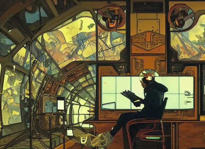 Prompt: a man sitting on a chair with things attached to his head, screens and monitors in front of him playing videos, ship interior, narrow hallway, scifi colors, dramatic lighting, dark, spotlight, surreal, by rutkowski, fuji choko, alphonse mucha