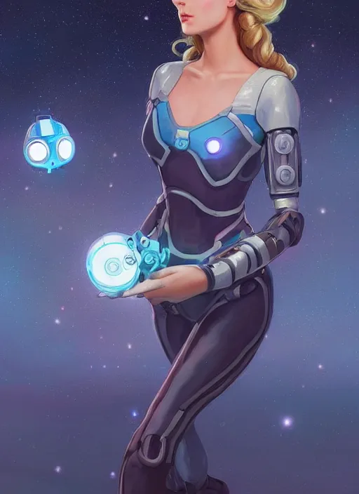 Prompt: beautiful space cottagecore, princess rosalina!!!, holding a small robot wearing a scifi jetsuit, intricate bioluminescent highly detailed, digital painting, artstation, concept art, smooth, sharp, focus, illustration, art by artgerm and ilya kushvikov and alphonse mucha