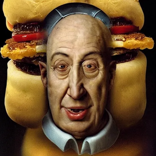 Image similar to a amazing new surrealist hybrid of the pope mixed with an anthropomorphic cheeseburger made of the popes face by giuseppe arcimboldo and kandinskali and catrin welz - stein, melting cheese, steamed buns, grilled artichoke, sliced banana, salami, milk duds, licorice allsort filling