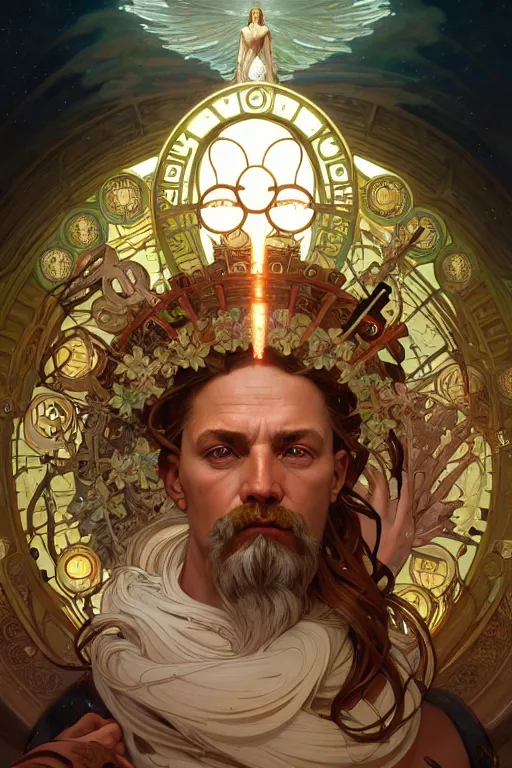 Image similar to highly detailed portrait of god zeus, alphonse mucha, stephen bliss, unreal engine, fantasy art by greg rutkowski, rhads, ferdinand knab, makoto shinkai and lois van baarle, ilya kuvshinov, rossdraws, tom bagshaw, global illumination, radiant light, detailed and intricate environment, steampunk