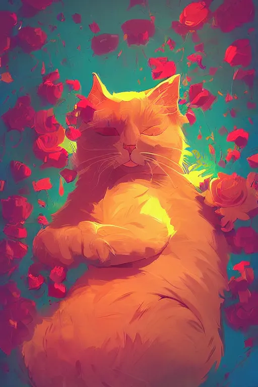 Image similar to a digital art of a cat sleeping in the room with flowers around in the afternoon, the sun shines in, animal, light effect, highly detailed, by anton fadeev