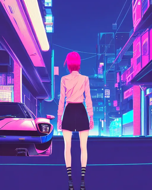 Image similar to digital illustration of cyberpunk pretty girl with pink hair, standing by a blue ford gt in a street at night, under streetlights, by makoto shinkai, ilya kuvshinov, lois van baarle, rossdraws, basquiat