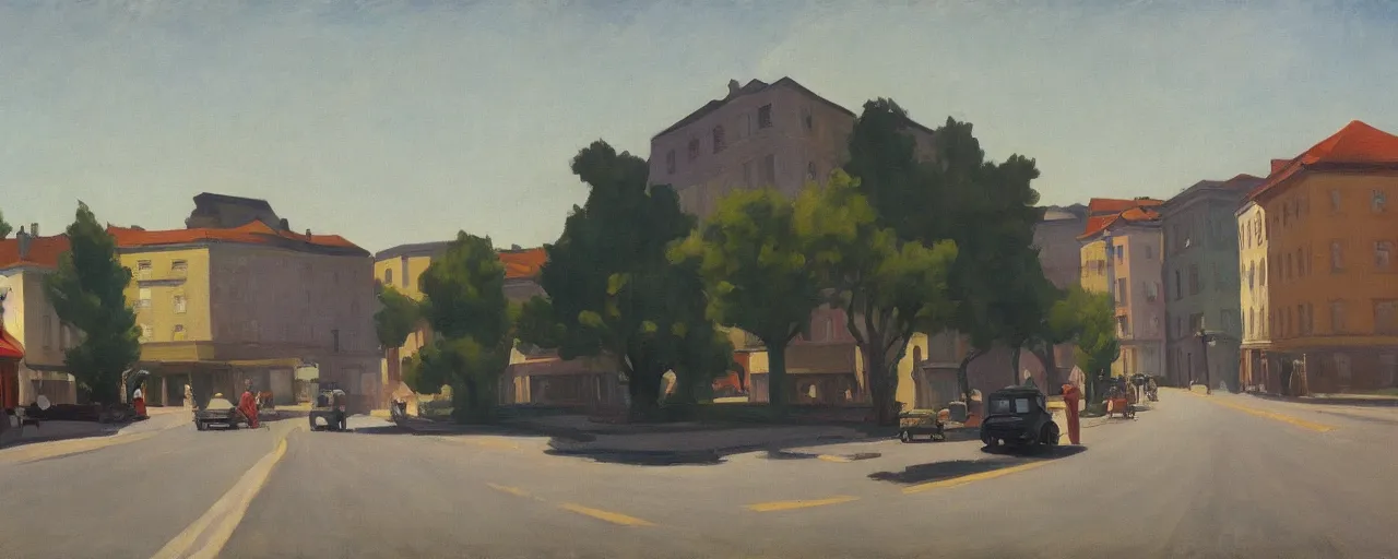 Prompt: an edward hopper style painting of a busy road of ( ( ( ( ( ( ( ( gyor ) ) ) ) ) ) ) ) in hungary, late - summer, august of 1 9 4 8