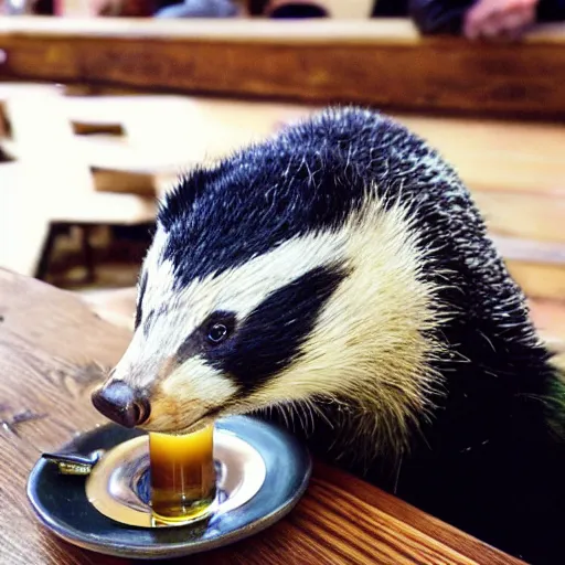 Prompt: european badger!!!!!! with long snout and black and white stripes drinking trendy ipas in a hipster bar
