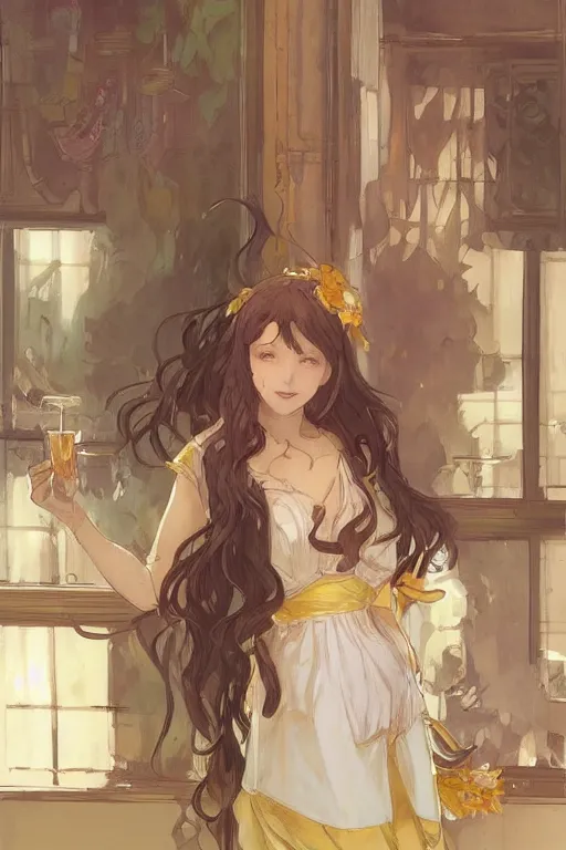 Image similar to A girl in a maid's outfit in a cafe a afternoon, wavy hair yellow theme,S line,45 angel by krenz cushart and mucha and ra-lilium and greg rutkowski